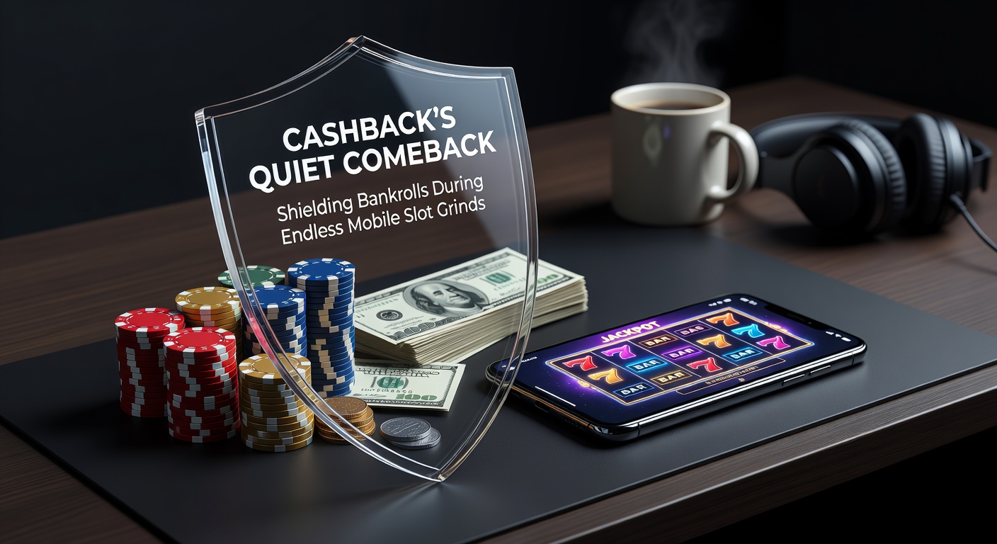 Smartphone mit Slot-App im Vordergrund, Cashback-Symbol overlayed auf einem schützenden Schild vor fallenden Münzen, symbolisiert Bankroll-Schutz während langer Sessions