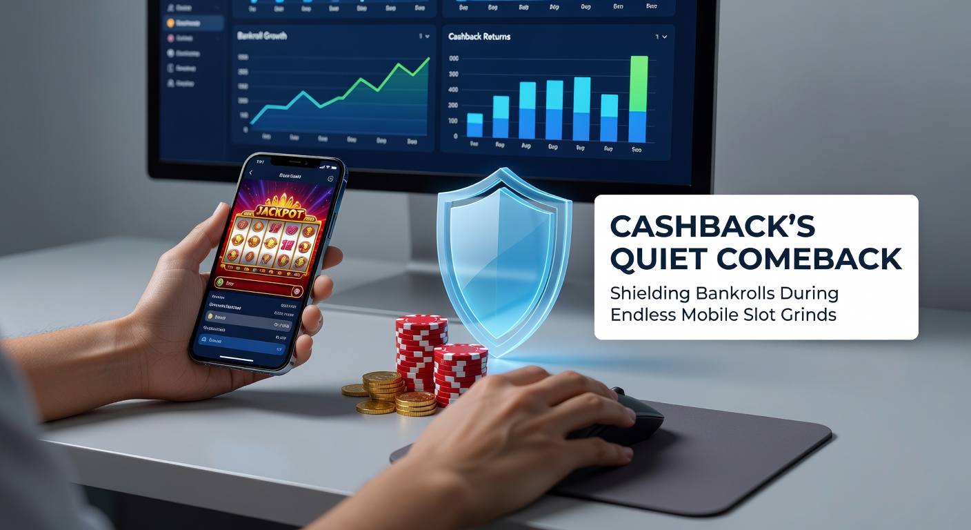 Grafik mit aufsteigender Cashback-Kurve über Zeitachse, Mobile-Slot-Rollen im Hintergrund und stabiler Bankroll-Linie, illustriert langfristigen Schutz