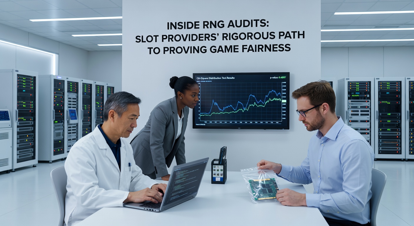 Detaillierte Darstellung eines Audit-Labors mit Monitoren, Code-Snippets und Zertifikats-Symbolen