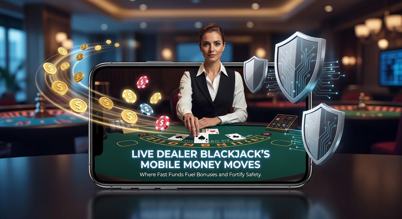 Smartphone mit Live Dealer Blackjack-Tisch und mobilen Zahlungssymbolen wie Apple Pay und Trustly, die schnelle Transaktionen und sichere Boni illustrieren