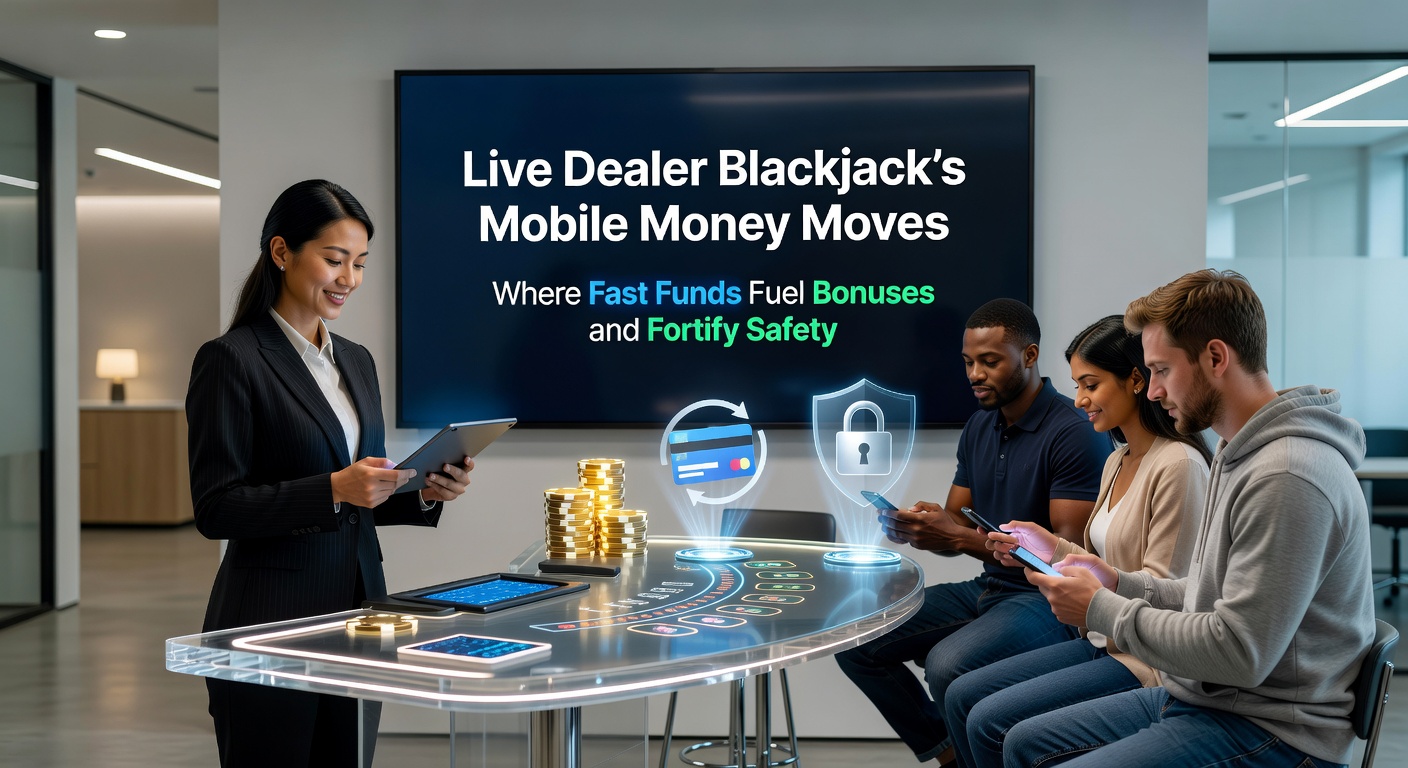 Grafik mit Live Dealer Blackjack-Chips, mobilen Wallet-Icons und Sicherheits-Schildern, die Boni-Freigaben und verschlüsselte Transaktionen darstellen