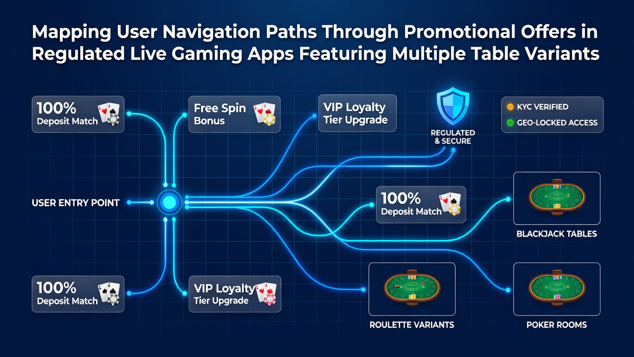 Übersicht über Nutzernavigationspfade in Live-Gaming-Apps mit Tischvarianten und Werbeangeboten
