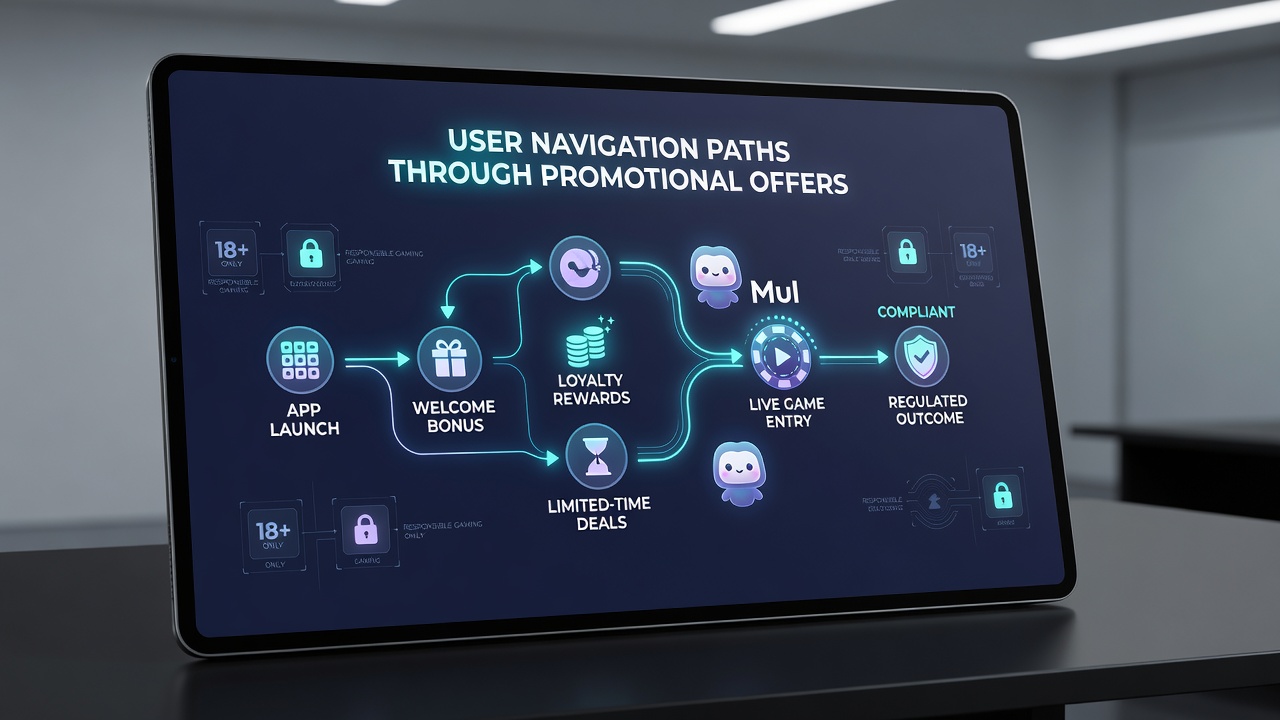 Detaillierte Darstellung von Navigationspfaden durch Werbeangebote in Apps mit verschiedenen Live-Tischvarianten