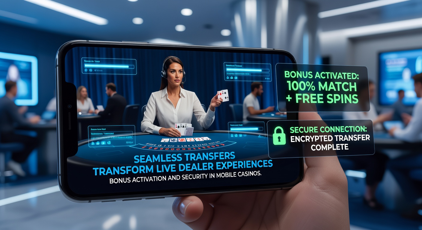 Smartphone zeigt Live-Dealer-Tisch mit nahtlosem Transfer-Overlay und sicheren Zahlungsikonen