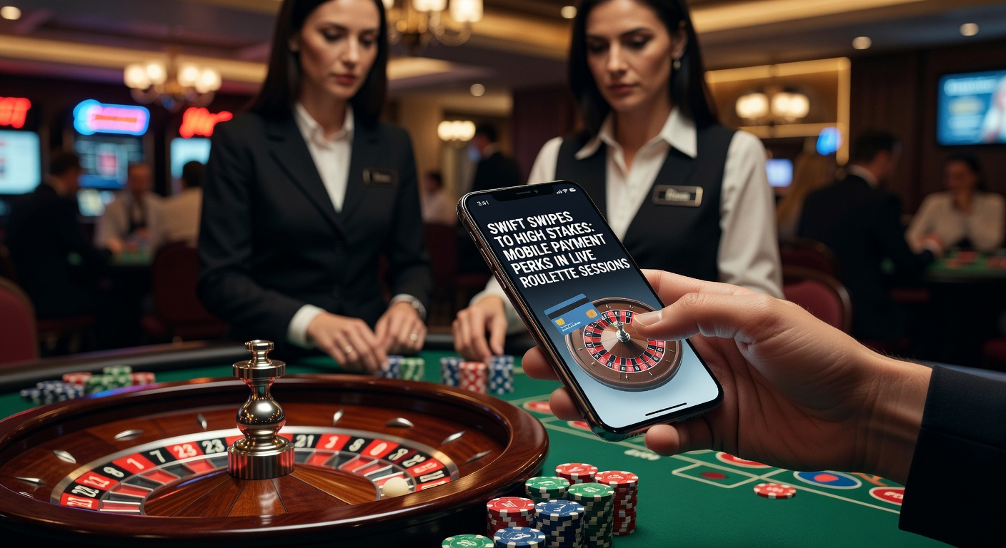 Smartphone mit Live-Roulette-App und mobilen Zahlungsoptionen auf dem Bildschirm, das die nahtlose Integration von Swipes und Einsätzen zeigt
