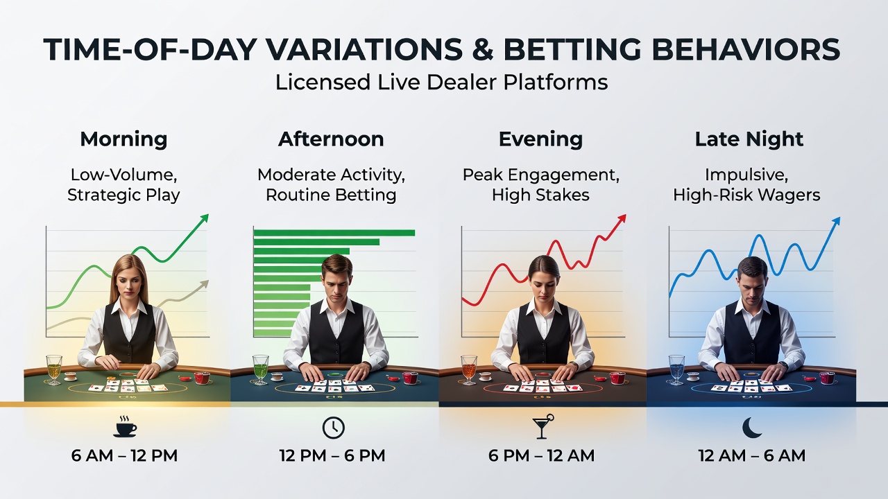 Diagramm zeigt Wettaktivitäten über 24 Stunden in Live-Dealer-Plattformen mit Spitzen in den Abendstunden